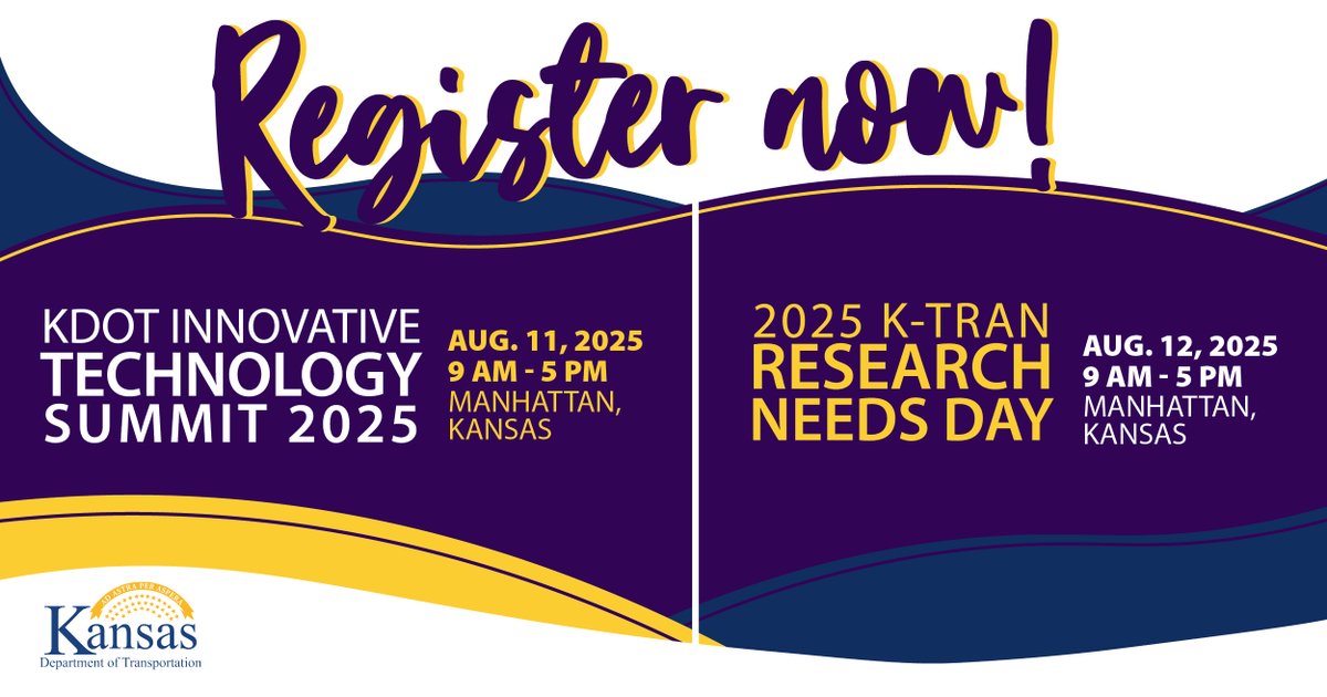 KDOTHQ's tweet image. Want to learn about cutting-edge transportation innovations and network with industry professionals? Join KDOT and @KState_CE August 11 at the KDOT Innovative Technology Summit! Learn more and register here: k-state.edu/transport/conf…
