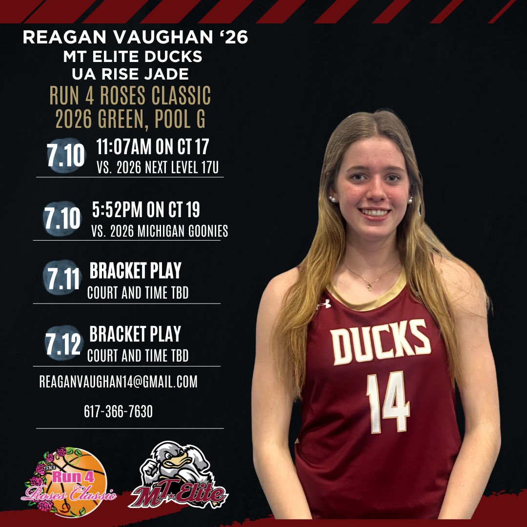 Reagan Vaughan (@reaganavaughan) on Twitter photo I’m so excited to compete with <a href="/MTEliteDucks/">MT Elite Ducks</a> this weekend at the Run 4 Roses tournament in KY! College Coaches, check out my schedule below!
<a href="/AllieScarpa/">Allie</a> <a href="/TimLopes9/">Coach Tim Lopes</a> <a href="/mdell74/">Matt DellaBarba</a> I’m so excited to compete with <a href="/MTEliteDucks/">MT Elite Ducks</a> this weekend at the Run 4 Roses tournament in KY! College Coaches, check out my schedule below!
<a href="/AllieScarpa/">Allie</a> <a href="/TimLopes9/">Coach Tim Lopes</a> <a href="/mdell74/">Matt DellaBarba</a>