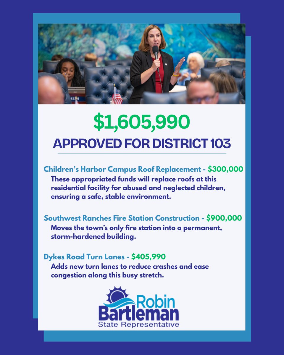 Robin Bartleman (@robin_bartleman) on Twitter photo I’m proud to share that $1.6 million is coming back to District 103! These projects provide crucial infrastructure for our district.
<a href="/cityofppines/">City of Pembroke Pines</a> <a href="/CityofWeston/">City of Weston</a> <a href="/CityofMiramar/">#WeareMiramar</a> <a href="/SWR_Gov/">Southwest Ranches</a> <a href="/TownofDavie/">Town of Davie, FL</a> <a href="/cityofsunrise/">City of Sunrise 🌞</a> I’m proud to share that $1.6 million is coming back to District 103! These projects provide crucial infrastructure for our district.
<a href="/cityofppines/">City of Pembroke Pines</a> <a href="/CityofWeston/">City of Weston</a> <a href="/CityofMiramar/">#WeareMiramar</a> <a href="/SWR_Gov/">Southwest Ranches</a> <a href="/TownofDavie/">Town of Davie, FL</a> <a href="/cityofsunrise/">City of Sunrise 🌞</a>
