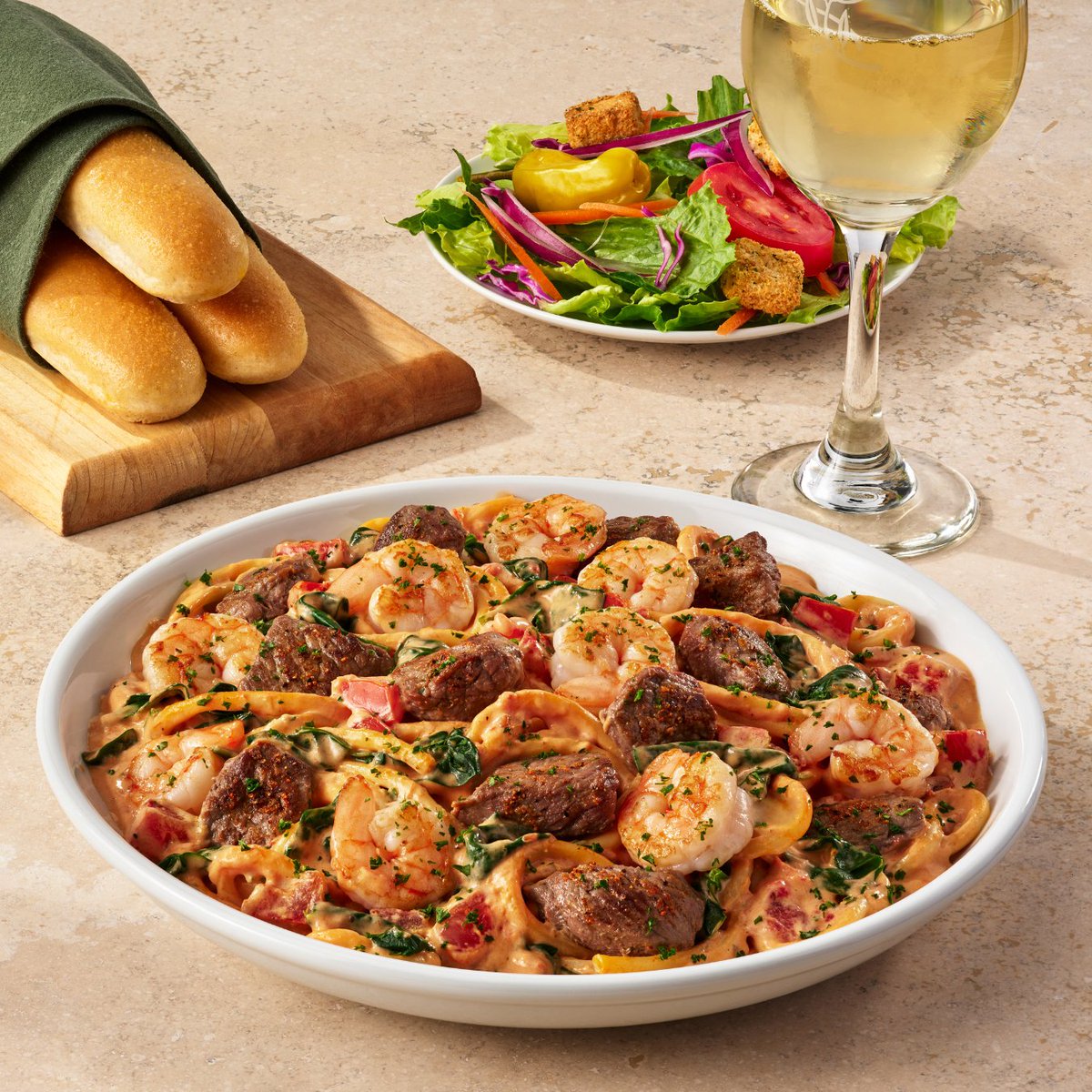 Steak? Shrimp? Spice? This new dish has more going on than your 3 person group chat.🔥Try our NEW Calabrian Steak and Shrimp Bucatini – only available for a limited time!