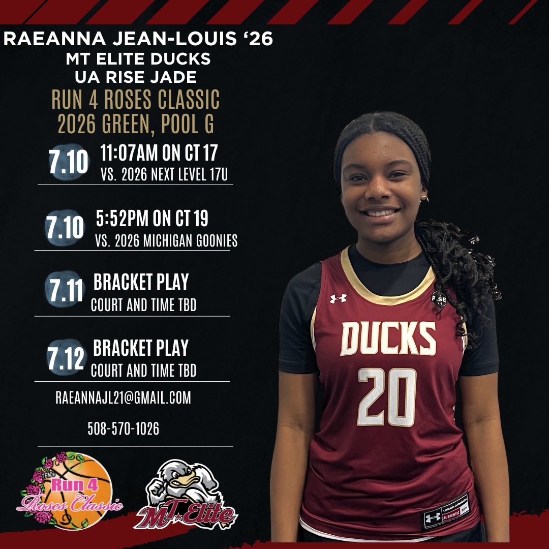 Raeanna Jean-Louis (@raeannajl21) on Twitter photo So excited to be playing in Run 4 Rose in Kentucky with the <a href="/MTEliteDucks/">MT Elite Ducks</a> ! Check out my schedule below! <a href="/AllieScarpa/">Allie</a> <a href="/TimLopes9/">Coach Tim Lopes</a> <a href="/mdell74/">Matt DellaBarba</a> So excited to be playing in Run 4 Rose in Kentucky with the <a href="/MTEliteDucks/">MT Elite Ducks</a> ! Check out my schedule below! <a href="/AllieScarpa/">Allie</a> <a href="/TimLopes9/">Coach Tim Lopes</a> <a href="/mdell74/">Matt DellaBarba</a>