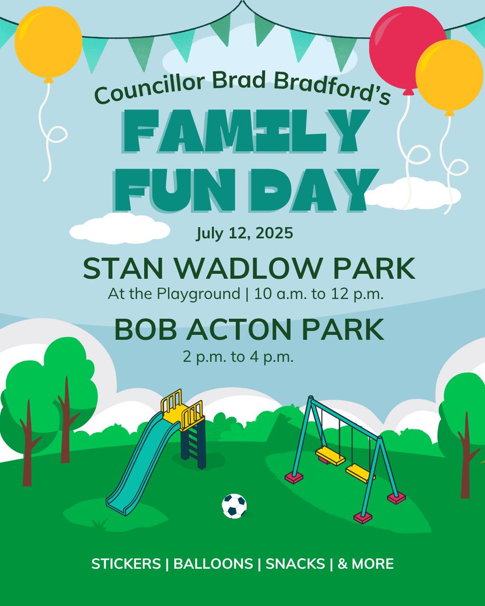 Mark your calendars for Saturday, July 12th! 🎈🎉

I’m hosting two Family Fun Days in Beaches-East York with balloons, snacks, stickers, and more. Drop by your neighbourhood event and enjoy some summer fun in the sun!

📌 Stan Wadlow Park: 10am to 12pm
📌 Bob Acton Park: 2 to 4pm