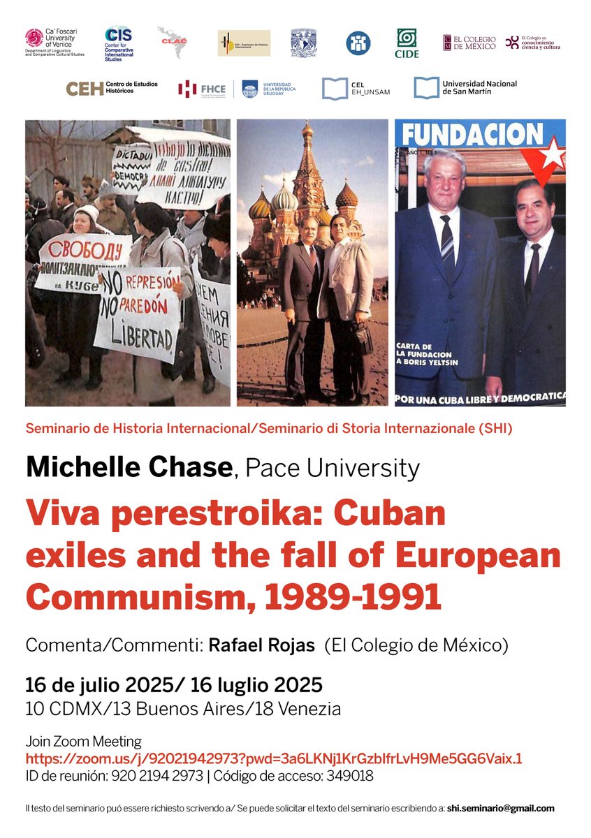 El <a href="/HistoriaInterMx/">Seminario de historia internacional</a> tiene el gusto de invitar a su próxima reunión:

"Viva Perestroika: Cuban Exiles and the Fall of European Communism, 1989–1991" | Michelle Chase, Pace University

📅 miércoles 16 de julio
⏰ 10h00
📩 recibir texto y liga: shi.seminario@gmail.com
