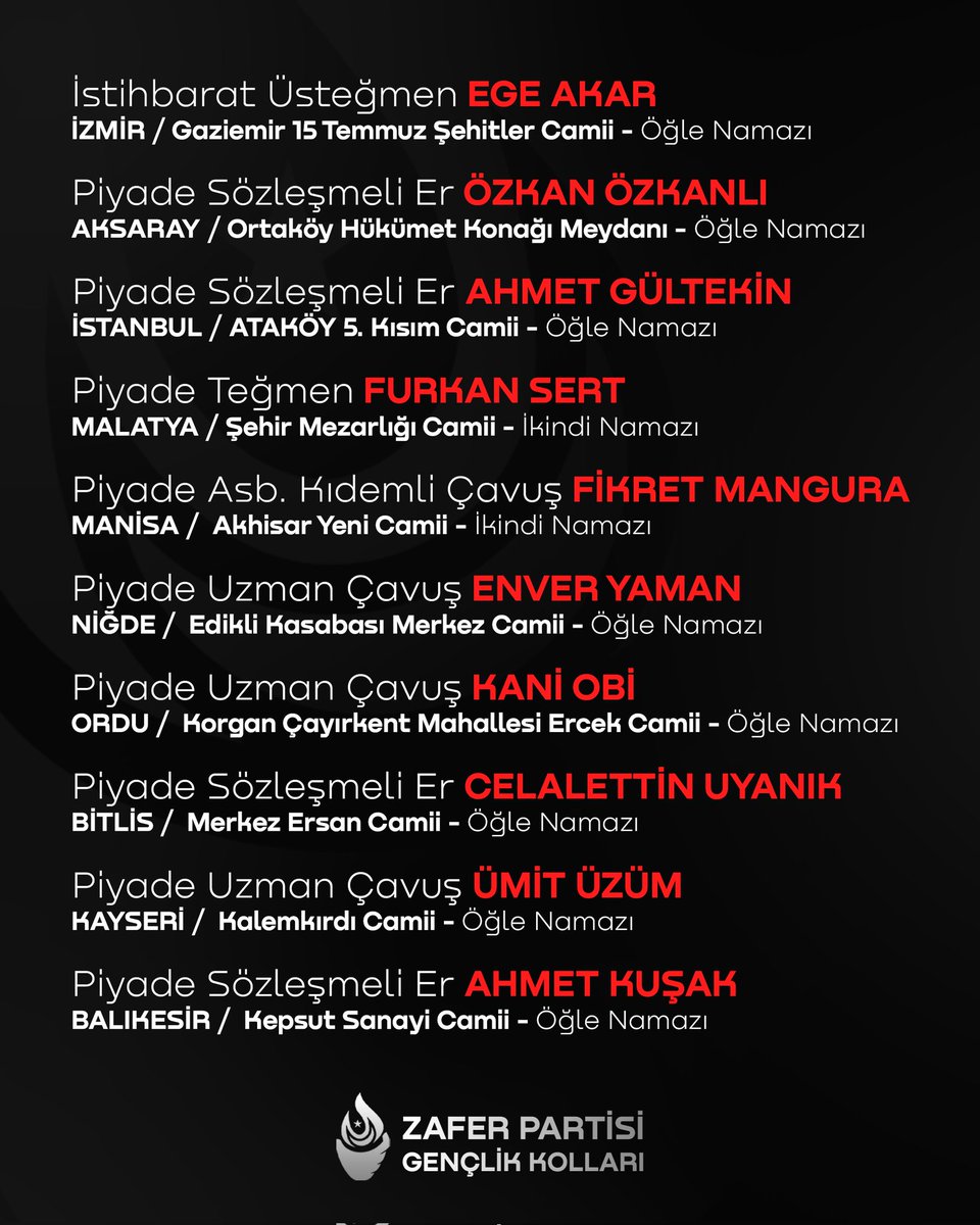 🇹🇷 Türk milleti şehitlerini son yolculuğuna uğurlayacak. Yarın düzenlenecek cenaze törenlerine katılımımız önem arz etmektedir.

Aziz şehitlerimizin ruhu şad olsun, vatan sağ olsun.