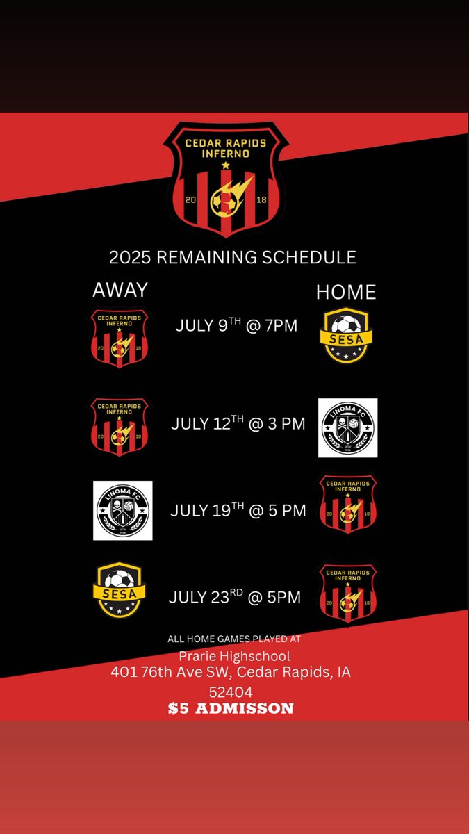 Four games left in our 2025 season. The goal is to win all four matches and be the champions AGAIN! 
Go Inferno! 🔥