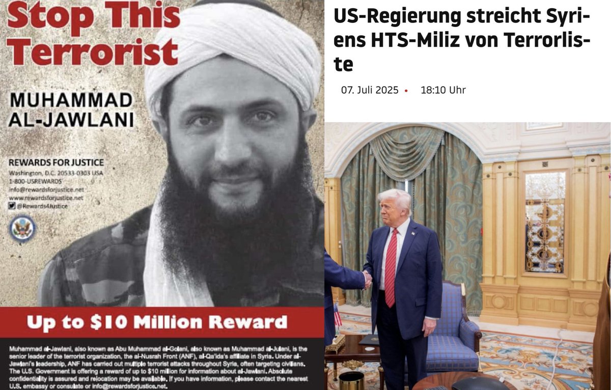 Es ist bemerkenswert, dass kaum ein deutsches Medium über die Entscheidung der USA berichtet, die Gruppe „Hayat Tahrir Al-Sham“ (HTS), auch bekannt als die syrische Al-Qaida, am heutigen Tag von der Terrorliste zu streichen. Der Anführer der Gruppe, Abu Mohammad al-Jolani, der