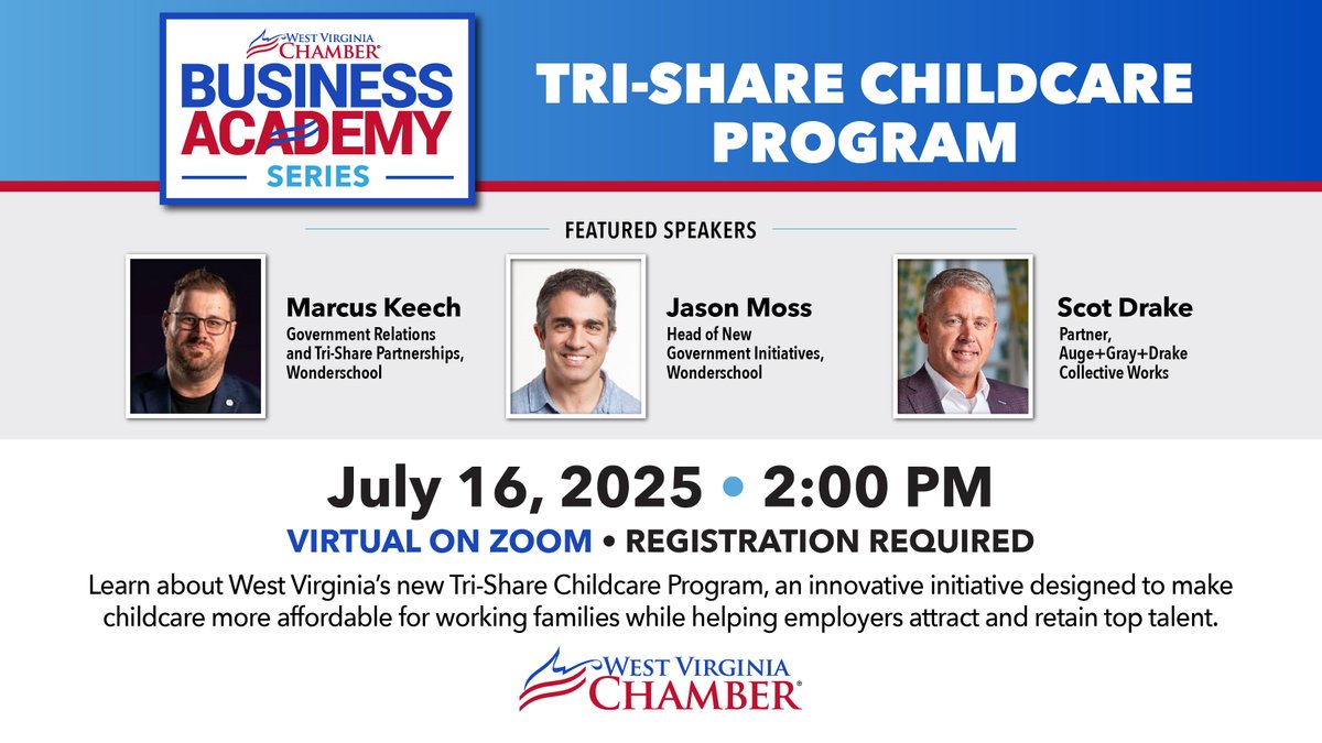 WVaChamber's tweet image. BUSINESS ACADEMY: Tri-Share Childcare Program
💻Learn how this innovative shared-cost model is making childcare more affordable and helping employers attract & retain talent.
🗓Tuesday, July 16 | 2 PM
Register for FREE here: us06web.zoom.us/webinar/regist…