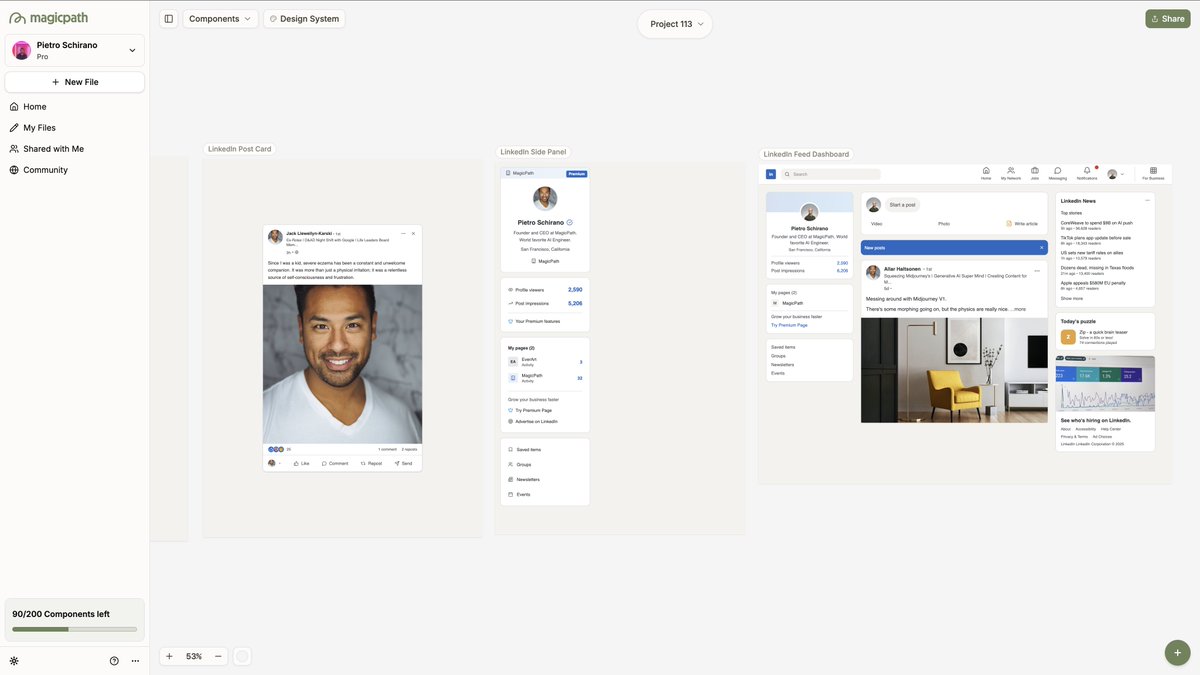 Building LinkedIn UI components one by one, with AI using <a href="/Magicpathai/">Magicpath</a> and our design system feature.

The future of design is here.
