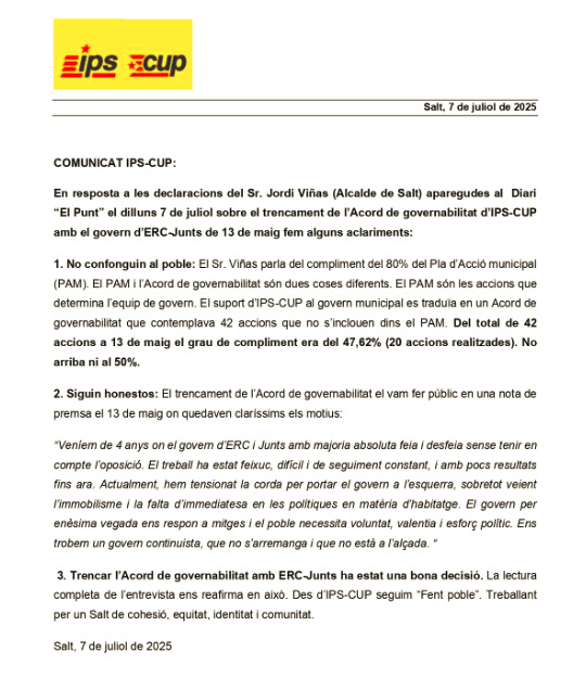 IPS-CUP Independents per Salt (@ipssalt) on Twitter photo COMUNICAT en resposta a les declaracions de l'Alcalde de Salt, <a href="/vinasxifra/">Jordi Viñas i Xifra</a> , fetes avui al diari <a href="/elpuntavui/">El Punt Avui 🎗️</a>. El rigor i la honestedat són imprescindibles en política i a la vida en general: COMUNICAT en resposta a les declaracions de l'Alcalde de Salt, <a href="/vinasxifra/">Jordi Viñas i Xifra</a> , fetes avui al diari <a href="/elpuntavui/">El Punt Avui 🎗️</a>. El rigor i la honestedat són imprescindibles en política i a la vida en general:
