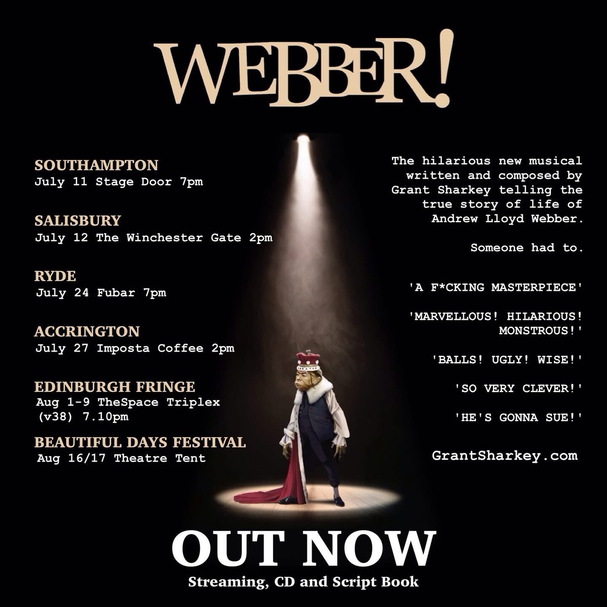 Spiddly's tweet image. Currently listening to ‘25/40: Webber!’ By Grant Sharkey - Bandcamp bit.ly/40DYTet Apple Music bit.ly/45YpDdk Spotify bit.ly/4eLOP9i
A hilarious and irreverent musical based on the life of @OfficialALW - on tour 11th July, including @edfringe #music