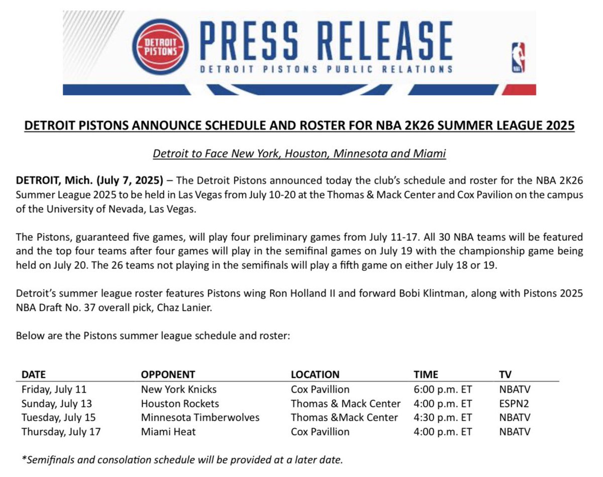 Pistons_PR's tweet image. The @DetroitPistons announced today the club's schedule and roster for the @NBASummerLeague to be held in Las Vegas from July 10-20 on the campus of the University of Nevada, Las Vegas.