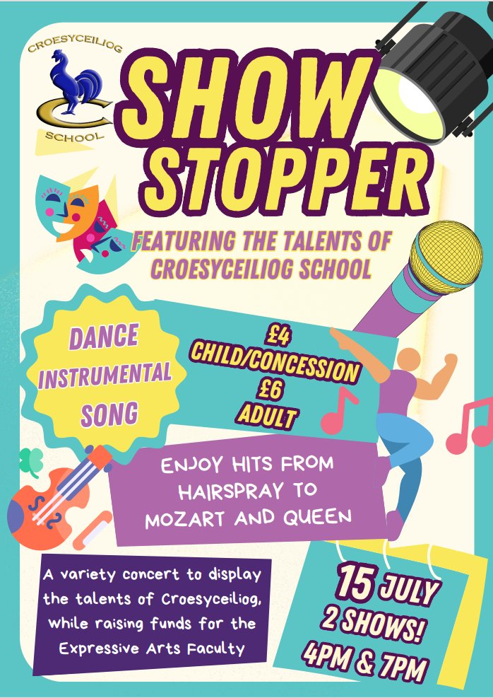 Croesyceiliog School (@croesyschool) on Twitter photo The Croesyceiliog Summer Showcase, Show Stopper, will take place on Tuesday, 15th July. There will be two performances: at 4PM and at 7PM.
Tickets are available for purchase from the Music Department at a cost of Β£6 for adults and Β£4 for concessions. The Croesyceiliog Summer Showcase, Show Stopper, will take place on Tuesday, 15th July. There will be two performances: at 4PM and at 7PM.
Tickets are available for purchase from the Music Department at a cost of Β£6 for adults and Β£4 for concessions.