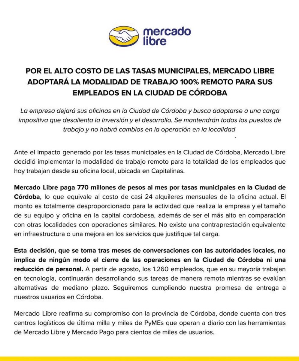 TomasLainer's tweet image. 🤝🟡|| MERCADO LIBRE DEJA SUS OFICINAS DE CÓRDOBA:
Mercado Libre anunció que dejará sus oficinas en Córdoba debido al costo de las tasas municipales.
@mercadopago @marcos_galperin