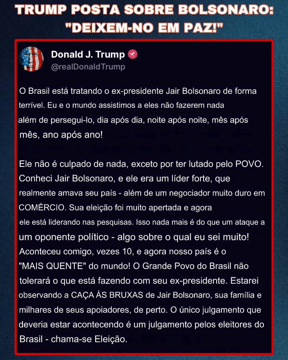 Jair Bolsonaro 🇧🇷 &amp; 🇺🇸 Donald Trump

Dois importantes líderes que defendem as mesmas pautas:
-Interesse do povo
-Liberdade de todos

A luta por paz, justiça e liberdade incomoda e por vezes tentam barrar.
Mas sabemos que no fim a verdade prevalece.

Bolsonaro cresce cada dia nas
