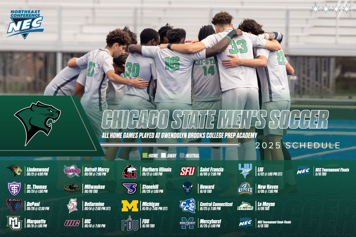 ChiStateCougars's tweet image. Chicago State Athletics Releases the Men's Soccer Schedule for the 2025 Season.
Schedule Preview: bit.ly/4eCQ6iB
