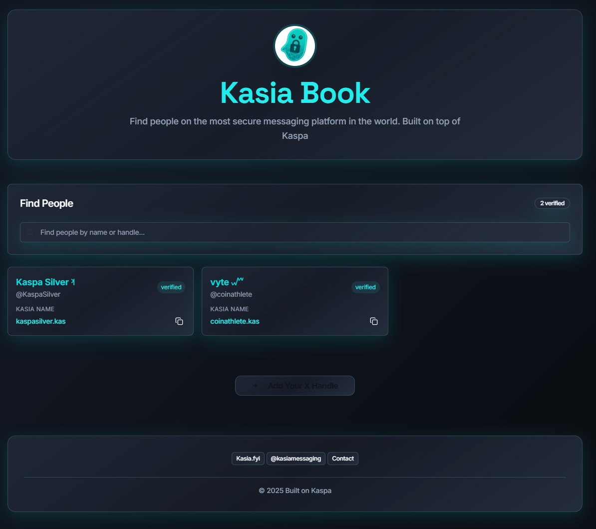 kasiamessaging's tweet image. Kasia Book! A place to store verified addresses to easily find people you want to communicate with! Thank you @coinathlete for creating this! 

Take a look here👉kasiabook.com

Setup a Kasia wallet and start chatting on the Kaspa network! 
👉kasia.fyi…