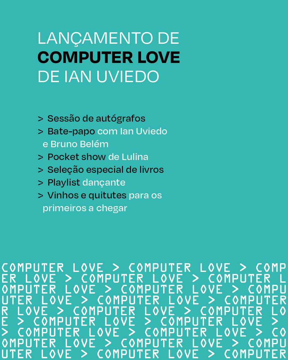 E o lançamento de “Computer Love” vai ser uma festa! No sábado, 19/07, o encontro está marcado na Livraria Gráfica, das 15h às 22h. Entrada gratuita.

A pré-venda está na Banca Tatuí com direito a frete grátis e brinde: coordenadas analógicas para navegar além dos algoritmos.