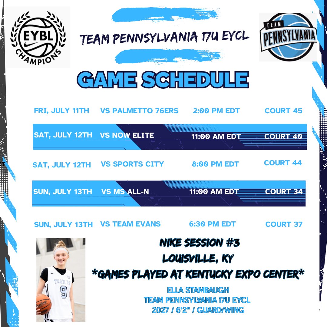 Ella Stambaugh (@ellastamba55300) on Twitter photo Excited to play in Nike Session #3 in Louisville with my team this weekend! 💪💪
<a href="/JrClutchHoops/">Jr Clutch Hoops</a> <a href="/TEAMPAHOOPS/">TEAM PENNSYLVANIA</a> <a href="/NikeGirlsEYBL/">Nike Girls EYBL</a> <a href="/juliana_silva84/">Juliana Silva</a> <a href="/Charlie10Hills/">Charlie</a> <a href="/SophiaBenyo/">SophiaBenyo</a> <a href="/MariahMarolo/">Mariah Marolo</a> Excited to play in Nike Session #3 in Louisville with my team this weekend! 💪💪
<a href="/JrClutchHoops/">Jr Clutch Hoops</a> <a href="/TEAMPAHOOPS/">TEAM PENNSYLVANIA</a> <a href="/NikeGirlsEYBL/">Nike Girls EYBL</a> <a href="/juliana_silva84/">Juliana Silva</a> <a href="/Charlie10Hills/">Charlie</a> <a href="/SophiaBenyo/">SophiaBenyo</a> <a href="/MariahMarolo/">Mariah Marolo</a>