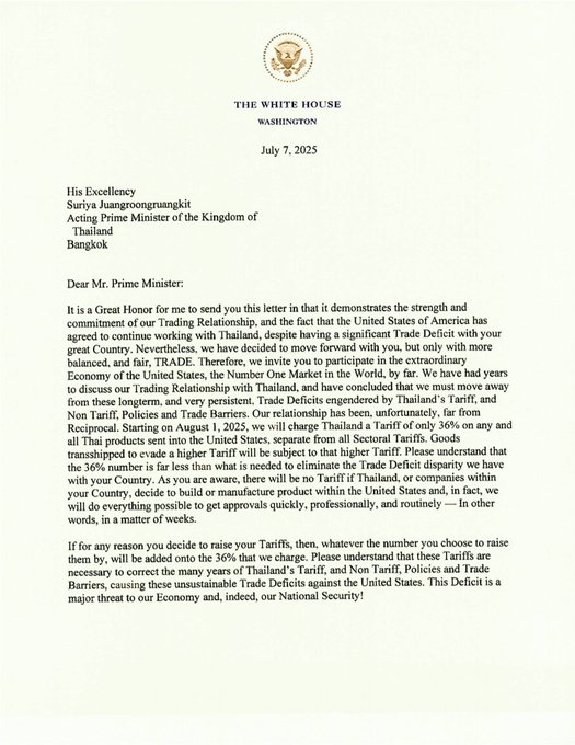 TRUMP: U.S. WILL IMPOSE 36% TARIFF ON THAILAND