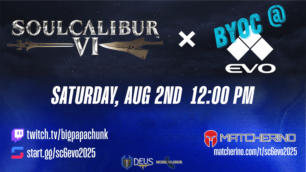UPDATE: We have a date and time!

#SOULCALIBUR VI at <a href="/Evo/">Evo</a> BYOC 2025

SATURDAY AUGUST 2ND, 12PM PST

✍️ REGISTER start.gg/sc6evo2025

💰 MATCHERINO matcherino.com/t/sc6evo2025