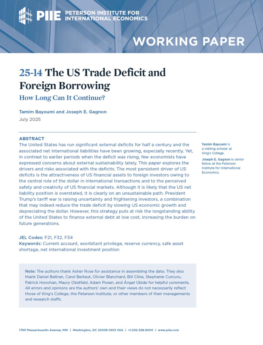 Highly relevant!

"The US Trade Deficit and Foreign Borrowing How Long Can It Continue?" by Tamim Bayoumi and Joseph E. Gagnon

"The most persistent driver of US deficits is the attractiveness of US financial assets to foreign investors owing to the central role of the dollar in