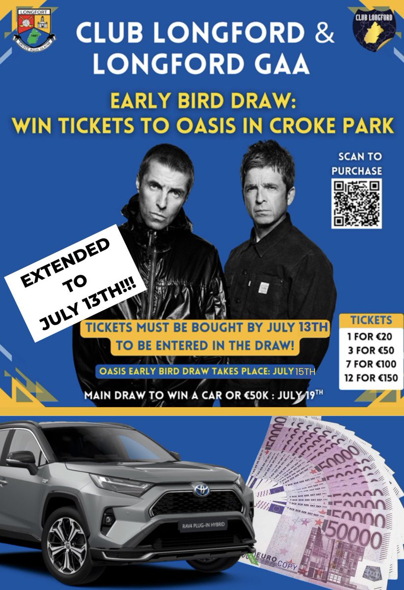 Due to unprecedented demand, our early bird draw for TWO TICKETS to see OASIS in Croke Park has been extended to midnight, July 13th!!

Don’t miss your chance to see the Gallagher brothers reunion tour and enter our draw to WIN A 🚗CAR or €50,000💰

To get your tickets, just