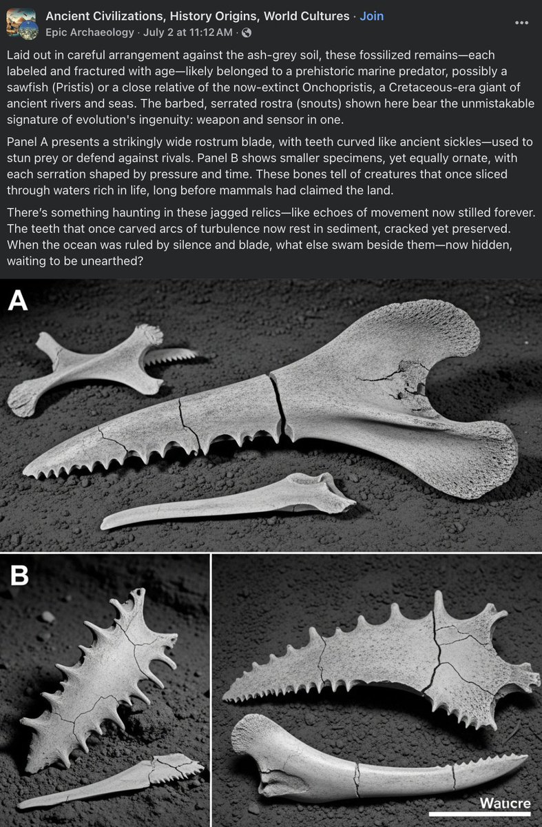 TylerGreenfieId's tweet image. Facebook AI slop has finally come for my specialty with these ridiculously-fake "Pristis/Onchopristis rostra".