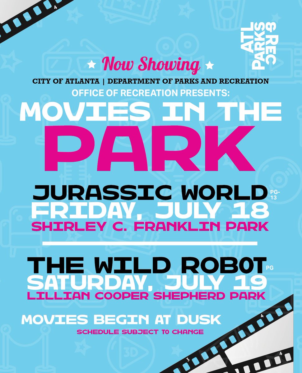 ATLParksandRec's tweet image. 🎬 Movies in the Park are back! 🍿
Enjoy free movies in the park starting July 18th!
Check out what's showing:
Jurassic World
📆Fri, July 18 at Shirley C. Franklin Park
The Wild Robot
📆Sat, July 19 at Lillian Cooper Shepherd Park
#ATLParksRec