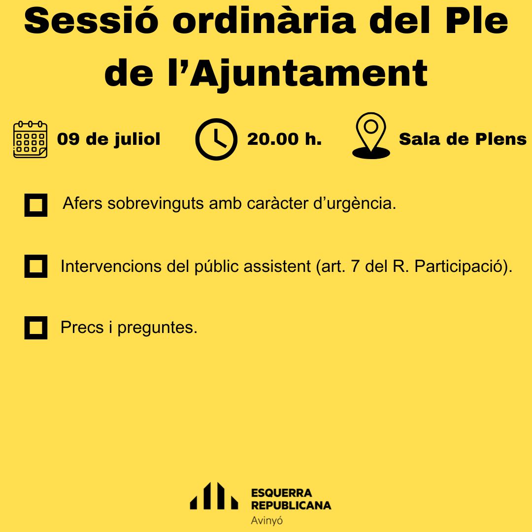 Aquest dimecres tenim una nova sessió ordinària del Ple de l'Ajuntament d'Avinyó.
.
🔝👉🏻 Llisca les imatges per conèixer l'ordre del dia
.
📆 9 de juliol
🕗 20:00 h
📍 Sala de Plens
📽️ Ens podeu seguir en directe pel canal de Youtube de l'Ajuntament.
.
#avinyo #erc #ple #ordinari