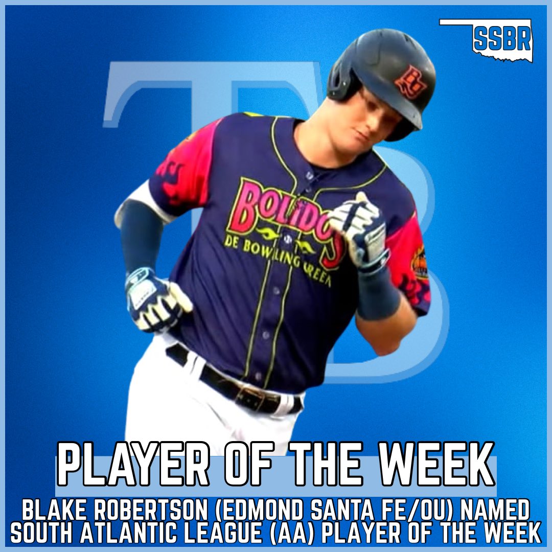 Sooner State Baseball Report (@soonerstatebsbl) on Twitter photo Blake Robertson (Edmond Santa Fe/OU) has been named the South Atlantic League (AA) Player of the Week
He slashed .500/.696/.571 with 3 RBI, 2B, 8 BB last week
Robertson was drafted by the Tampa Bay Rays in 2022
#SooneStatePros | <a href="/SFWolvesBSB/">Edmond Santa Fe Wolves BSB</a> Blake Robertson (Edmond Santa Fe/OU) has been named the South Atlantic League (AA) Player of the Week
He slashed .500/.696/.571 with 3 RBI, 2B, 8 BB last week
Robertson was drafted by the Tampa Bay Rays in 2022
#SooneStatePros | <a href="/SFWolvesBSB/">Edmond Santa Fe Wolves BSB</a>