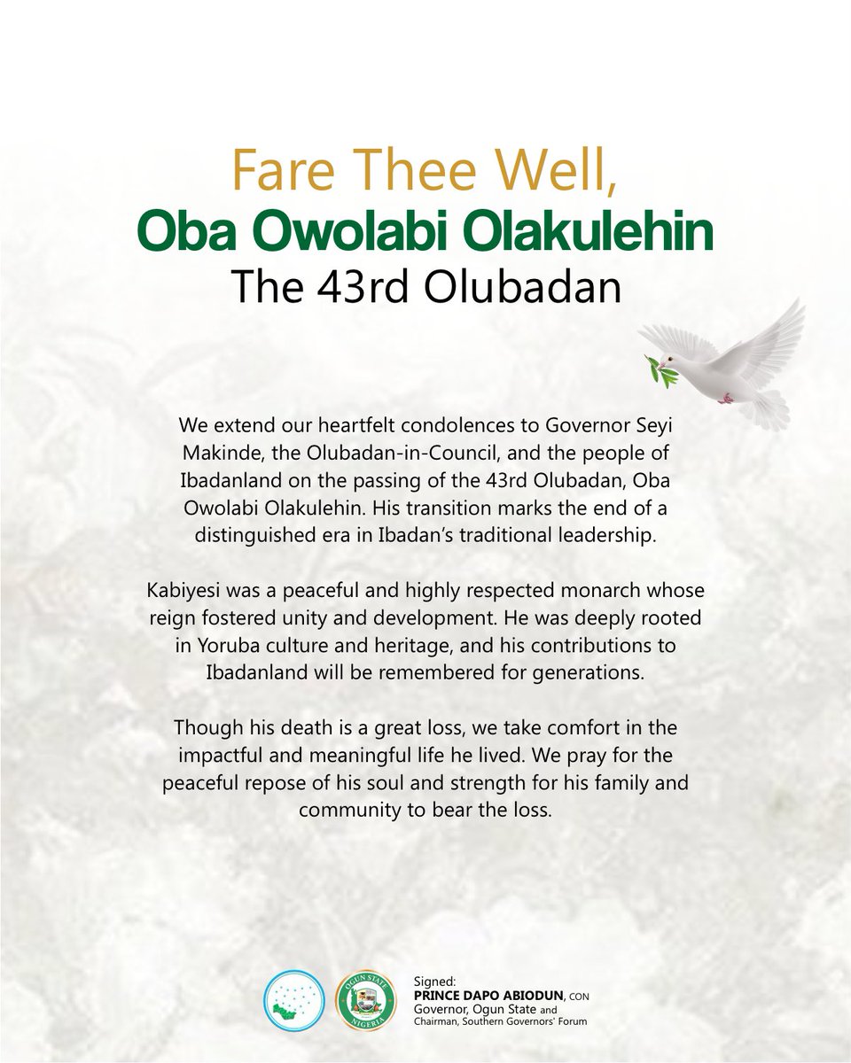 Prince Dr. Dapo Abiodun, CON (@dapoabioduncon) on Twitter photo We extend our heartfelt condolences to Governor <a href="/seyiamakinde/">Seyi Makinde</a>, the Olubadan-in-Council, and the people of Ibadanland on the passing of the 43rd Olubadan, Oba Owolabi Olakulehin. His transition marks the end of a distinguished era in Ibadan’s traditional leadership.
Kabiyesi was We extend our heartfelt condolences to Governor <a href="/seyiamakinde/">Seyi Makinde</a>, the Olubadan-in-Council, and the people of Ibadanland on the passing of the 43rd Olubadan, Oba Owolabi Olakulehin. His transition marks the end of a distinguished era in Ibadan’s traditional leadership.
Kabiyesi was