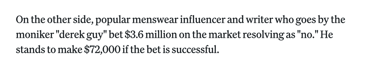 Good lord...

One can change to any nickname at any time on <a href="/Polymarket/">Polymarket</a> , and - most obviously - "popular menswear influencer and writer who goes by  the moniker x.com/dieworkwear  DID ABSOLUTELY NOT bet $3.6 million on the market resolving as  "no". 😂

WTF <a href="/OKnightCrypto/">Oliver Knight</a>?