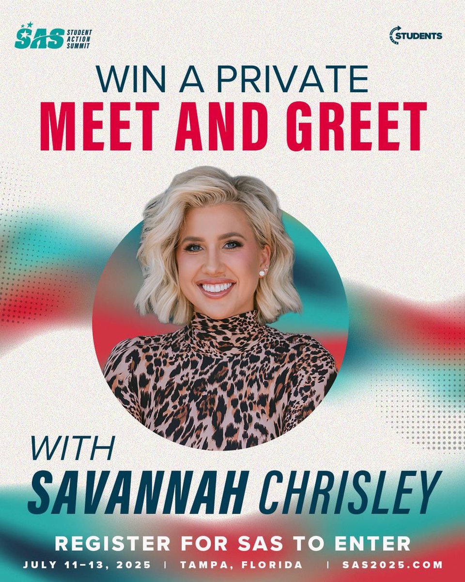tpusastudents's tweet image. Wanna meet Savannah Chrisley IRL?👀
Win meet & greet with Savannah Chrisley at #SAS2025 🤩
Just register to enter → sas2025.com
@_ItsSavannah_ @TPUSAEvents @TPUSA
#TPUSA #TPUSAEVENTS