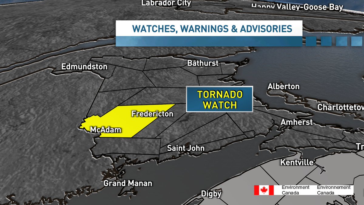 ryansnoddon's tweet image. July 7th - 5:45pm
TORNADO WATCH: Fredericton & Southern York County
Favourable conditions for severe storms which may produce tornadoes. Strong damaging straight line winds, large hail, heavy rain also possible.
Watch: conditions are favourable
Warning: Imminent or occurring