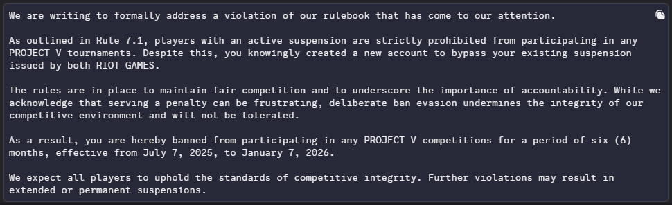 Hallo liebe Valorant Community - hier einmal offiziell nachvollziehbar bis unsere Plattform dafür besteht eine Sanktion gegen Sorcery - 6 Monate Ausschluss für Ban-Evasion.

Bitte reported gerne an das Adminteam anstatt Twitter-Witchhunt zu machen. Gruß - euer Adminteam
