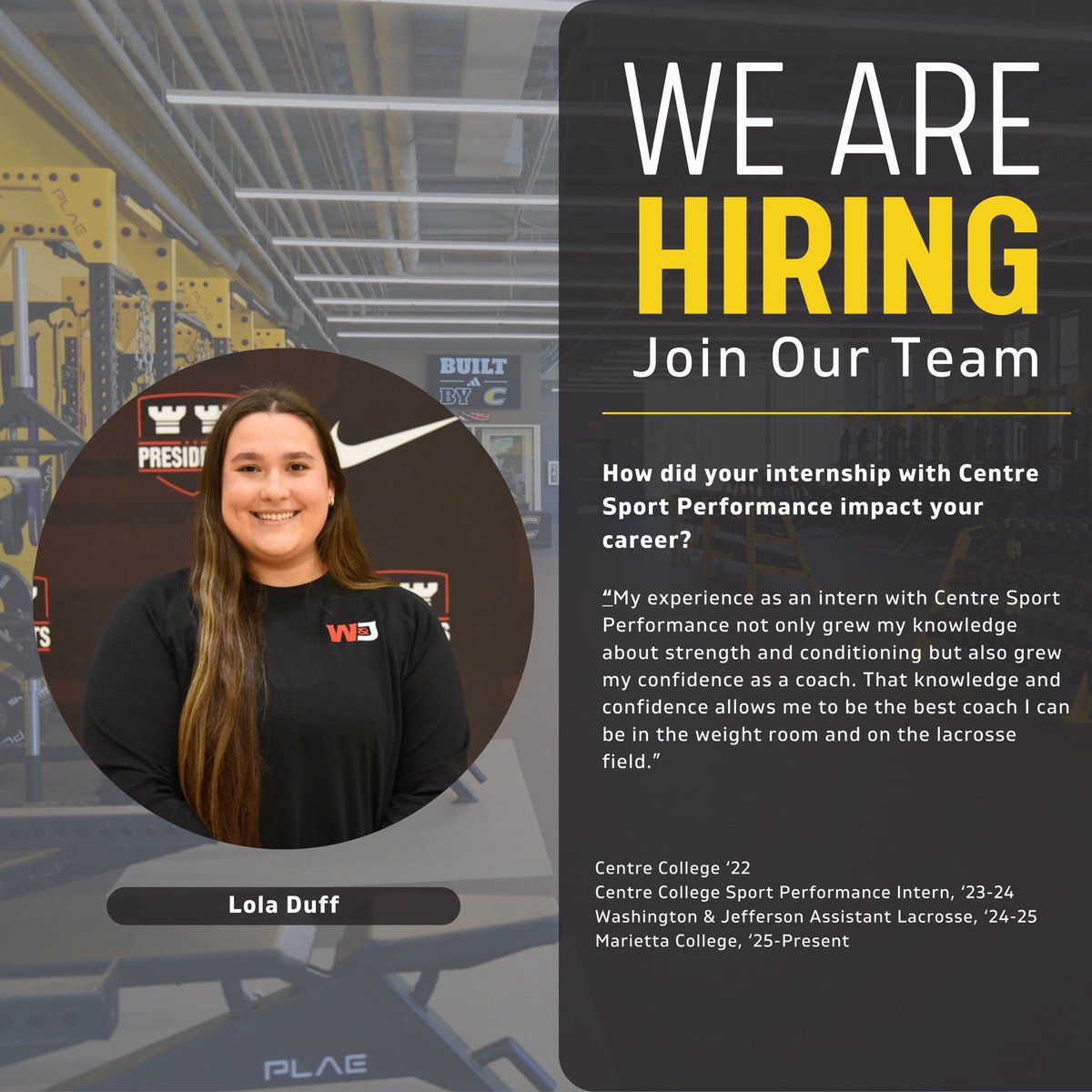 Jeremy Carlson (@jeremyccarlson) on Twitter photo Join the <a href="/CentreSportPerf/">Centre Sport Performance</a> team as our next Intern! This role offers hands-on coaching, flexible hours, and continuing education opportunities (CSCS, CSCCa, USAW).
Ready to make a direct impact on our athletic department? Send your application (cover letter, resume, 3 references, Join the <a href="/CentreSportPerf/">Centre Sport Performance</a> team as our next Intern! This role offers hands-on coaching, flexible hours, and continuing education opportunities (CSCS, CSCCa, USAW).
Ready to make a direct impact on our athletic department? Send your application (cover letter, resume, 3 references,