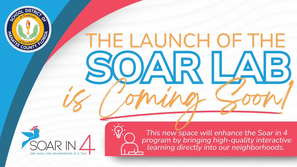 COMING SOON: The Soar Lab will officially open its doors to our youngest learners! 💡

This new space will enhance the Soar in 4 Manatee program by bringing high-quality interactive learning directly into our neighborhoods. 

For more information, visit: soarin4.org/soar-lab/