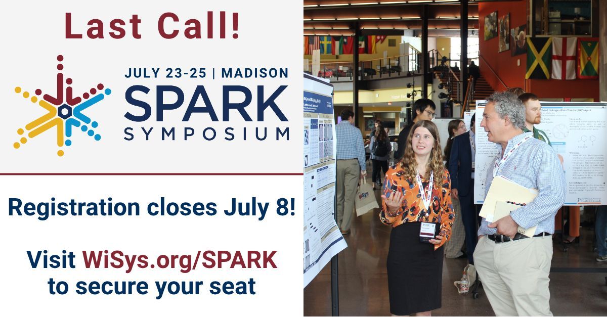 Last call to register to attend our WiSys SPARK Symposium! Join us from July 23-25 in Madison to network and collaborate with other students, faculty, staff, and community members from across the <a href="/UniversitiesWI/">Universities of Wisconsin</a>! Registration closes July 8: buff.ly/wXRaCTq
