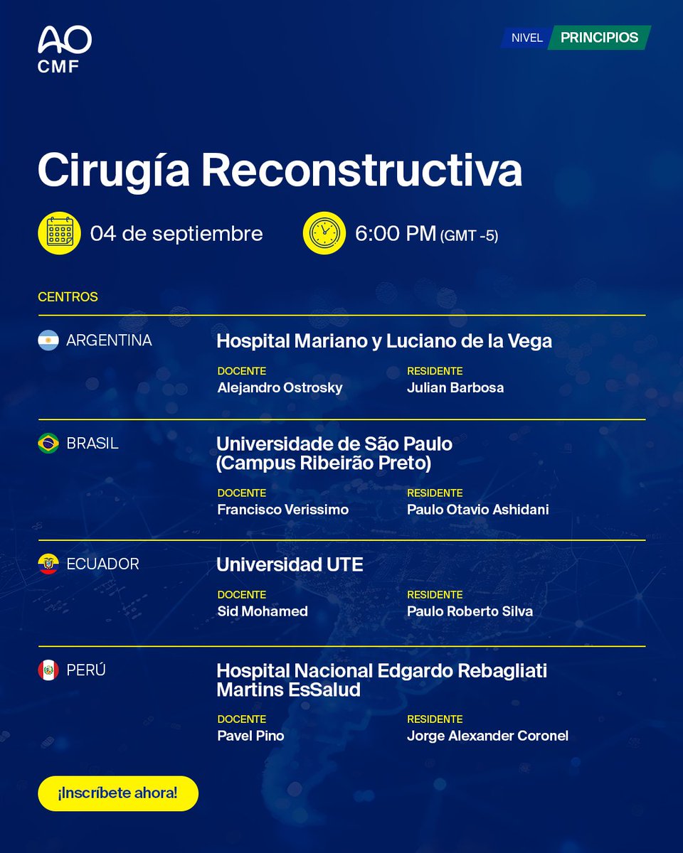 Primera Jornada Científica de Residentes, coordinada por Rafael Cypriano 🇧🇷 y Jorge Agurto 🇪🇨.

📍 Trauma Facial – 7 de agosto 🇧🇴 🇨🇴 🇸🇻 🇩🇴
📍 Cirugía Ortognática – 21 de agosto 🇨🇱 🇬🇹 🇲🇽 🇻🇪
📍 Cirugía Reconstructiva – 4 de septiembre 🇦🇷 🇧🇷 🇪🇨 🇵🇪

➡️ bit.ly/jornadacmf