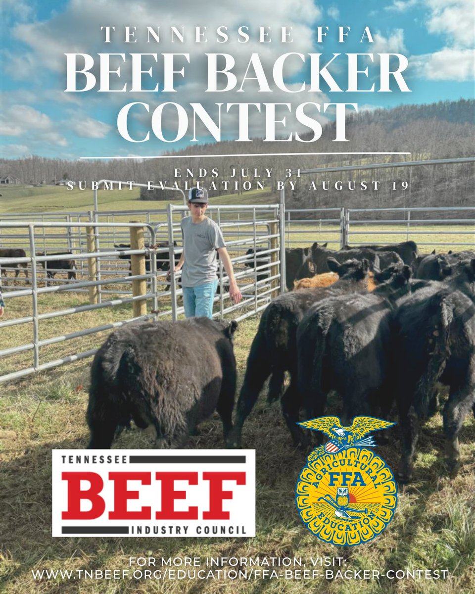 TNFFAFoundation's tweet image. There’s still time to participate in the FFA
Beef Backer Contest, presented by @tnbeef!

Don’t forget: Evaluation Form, photos, and a brief video must be submitted by August 19, 2025, to be eligible for prizes!

🔗 Learn more at
tnbeef.org/EDUCATION/FFA-….