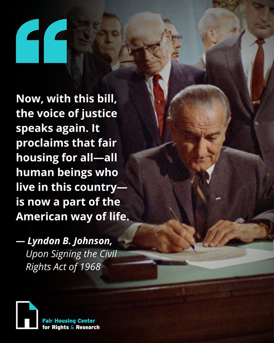 housingcenter's tweet image. "Now, with this bill, the voice of justice speaks again.
It proclaims that fair housing for all—all human beings who live in this country—is now a part of the American way of life."
— Lyndon B. Johnson, upon signing the Civil Rights Act of 1968
#WednesdayWisdom #FairHousing