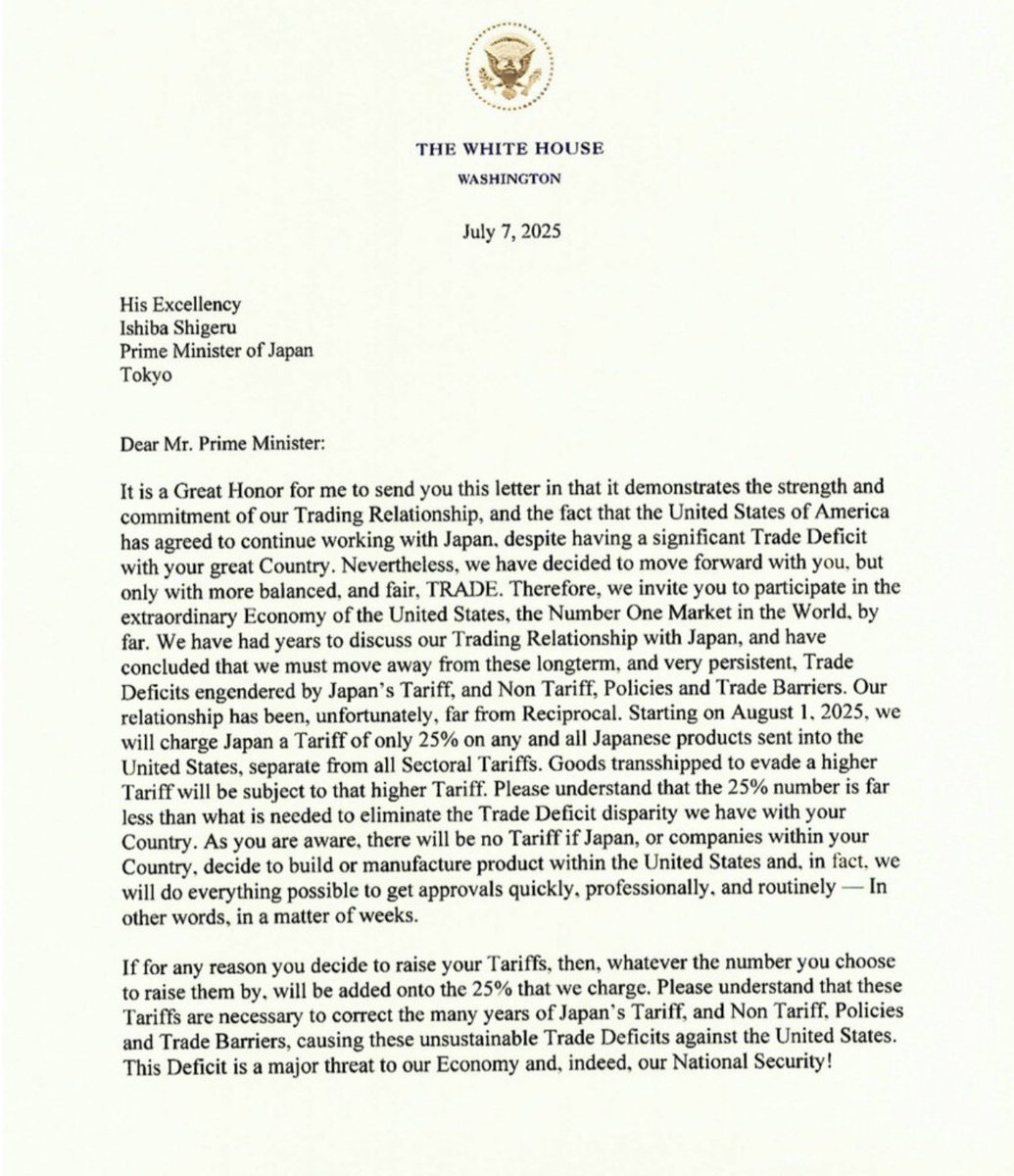 Trump’s letter to Japan is pure clown show. Threats, bad grammar, zero diplomacy. He’s wrecking decades of trust over a trade deficit he doesn’t even understand. And for what?