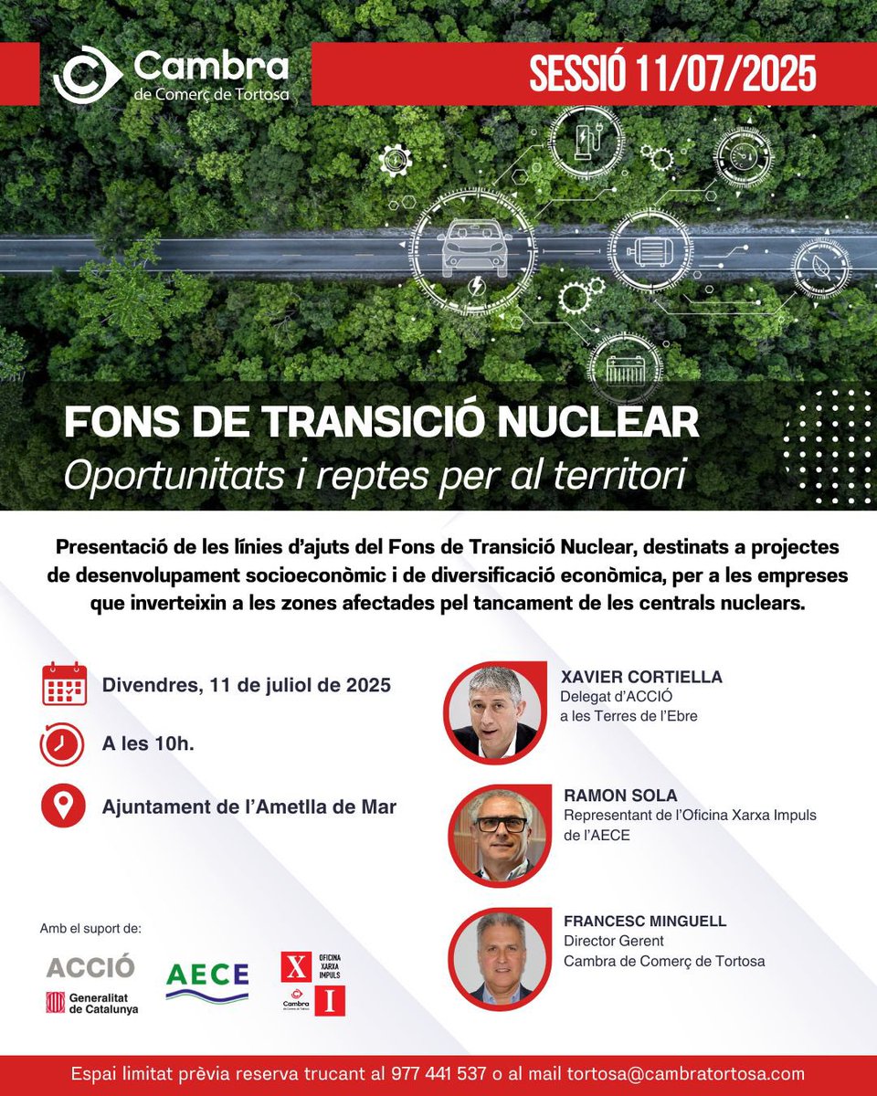 AECE (@aecebre) on Twitter photo 🔹Sessió informativa a l’Ametlla de Mar per presentar les línies d’ajuts del Fons de Transició Nuclear.
📅Divendres, 11 de juliol.
⏰A les 10:00h.
📍Ajuntament de l’Ametlla de Mar.
👉ORGANITZA: <a href="/cambratortosa/">Cambra Tortosa</a>, AECE i ACCIÓ 🔹Sessió informativa a l’Ametlla de Mar per presentar les línies d’ajuts del Fons de Transició Nuclear.
📅Divendres, 11 de juliol.
⏰A les 10:00h.
📍Ajuntament de l’Ametlla de Mar.
👉ORGANITZA: <a href="/cambratortosa/">Cambra Tortosa</a>, AECE i ACCIÓ