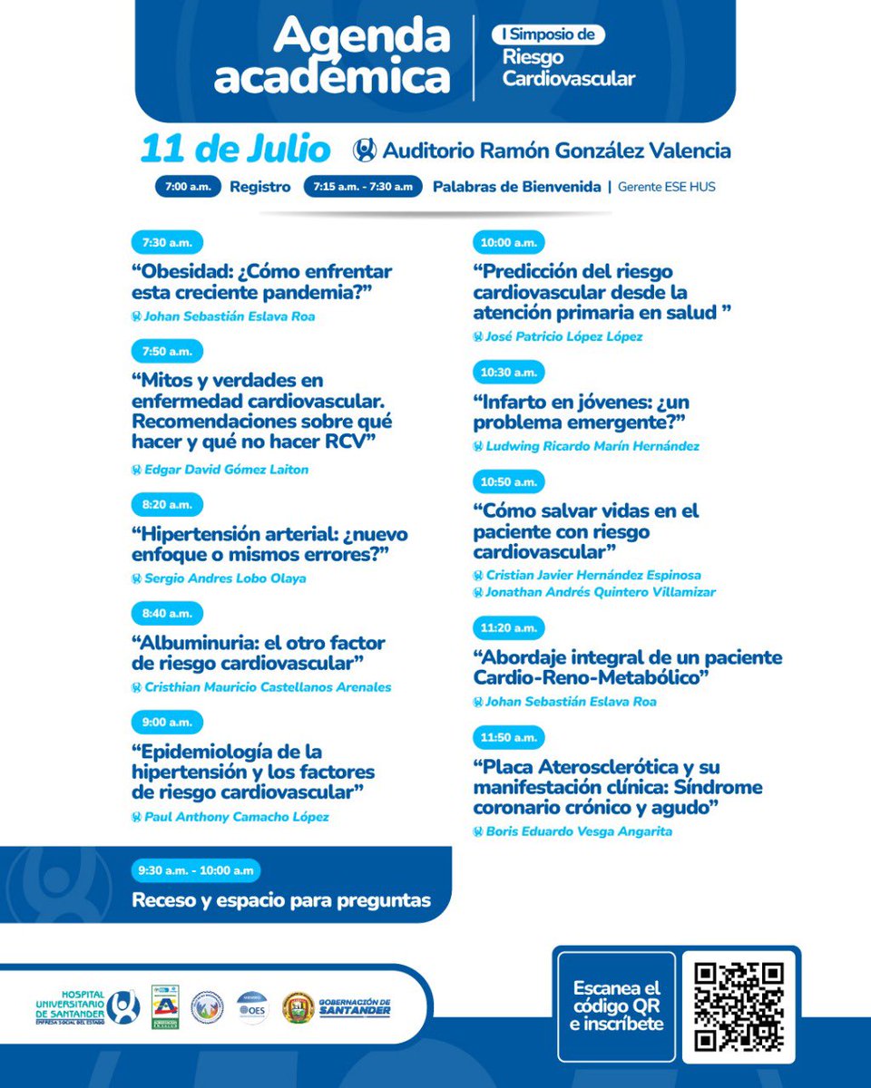 Hospital Universitario de Santander (@husantander) on Twitter photo Agenda académica imperdible
El próximo 11 de julio vive una jornada de actualización científica en el I Simposio de Riesgo Cardiovascular, organizado por la ESE HUS.
Más de 10 ponencias con especialistas en obesidad, hipertensión, infarto juvenil, predicción de riesgo y abordajes Agenda académica imperdible
El próximo 11 de julio vive una jornada de actualización científica en el I Simposio de Riesgo Cardiovascular, organizado por la ESE HUS.
Más de 10 ponencias con especialistas en obesidad, hipertensión, infarto juvenil, predicción de riesgo y abordajes