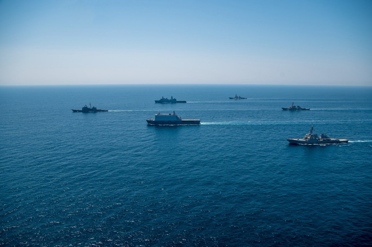 US2ndFleet's tweet image. USS Normandy (CG 60), Rotterdam-class landing platform dock HNLMS Johan de Witt (L801), USS New York (LPD 21), USS Ross (DDG 71), USS Mason (DDG 87), and USS Gonzalez (DDG 66) steam in formation during exercise Atlantic Alliance 2025. #AA25 #Ready2Fight