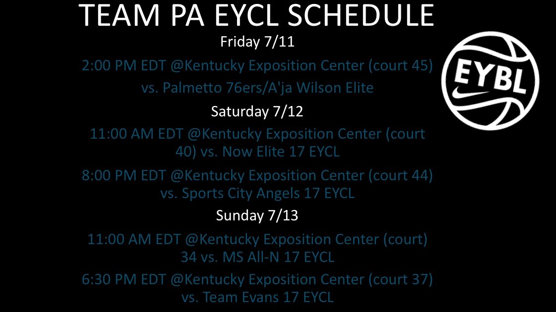 Very excited to compete with my teamates this weekend in Kentucky!!
<a href="/JrClutchHoops/">Jr Clutch Hoops</a> <a href="/Charlie10Hills/">Charlie</a> <a href="/MariahMarolo/">Mariah Marolo</a> <a href="/juliana_silva84/">Juliana Silva</a> <a href="/EllaStamba55300/">Ella Stambaugh</a> <a href="/NikeGirlsEYBL/">Nike Girls EYBL</a>