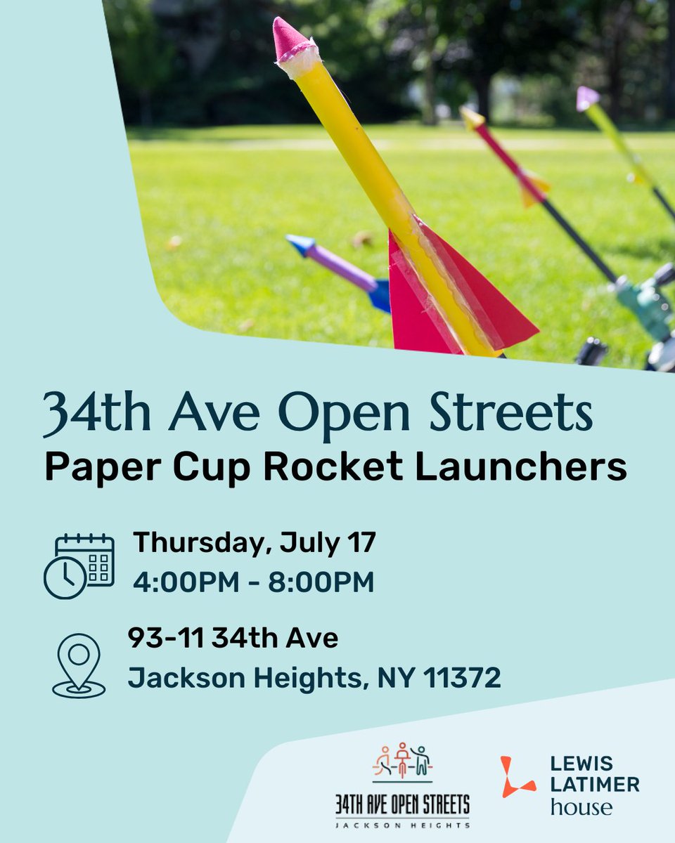 LatimerHouse's tweet image. Join us to make Paper Cup Rocket Launchers at 34th Ave Open Streets on July 17! Participants will get to explore engineering and design to build a simple and fun paper cup rocket launcher using rubber bands and construction paper.
#STEAMEducation #STEAMWorkshop
