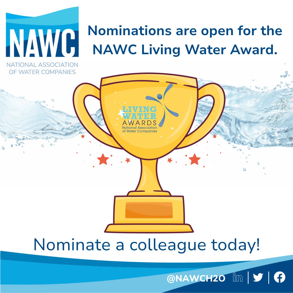 NAWCH2O's tweet image. Reminder that the July 11 deadline to submit a nomination for the NAWC Living Water Award is fast approaching! Nominate someone today who is making a difference at your company and in our industry. nawc.org/living-water-a…