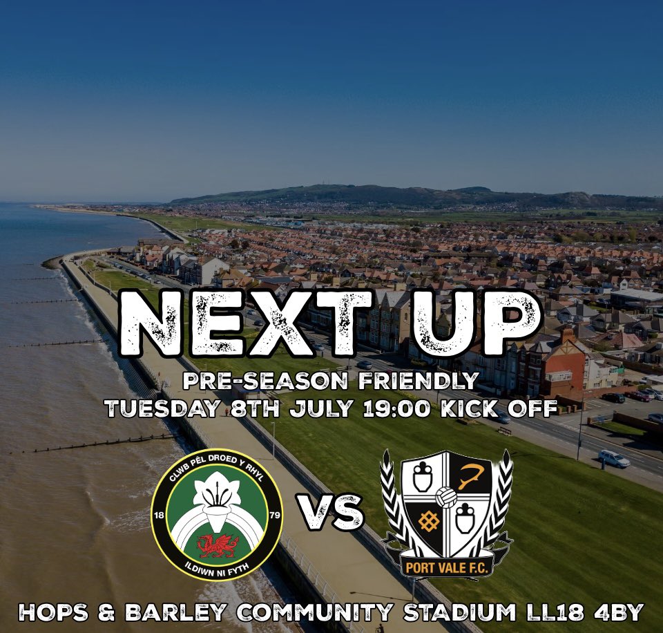 CPD Y Rhyl 1879 official (@rhylfc) on Twitter photo ⚫️ Pre-Season ⚪️
Tomorrow evening we host Port Vale in our 5th pre-season friendly.
📆 8th July
🕖 19:00 KO
🆚 <a href="/OfficialPVFC/">Port Vale Football Club</a>
🤝 Pre-Season Friendly
🏟️ Hops & Barley Community Stadium
📍 LL18 4BY
🎟️ Adults £5 Under 16’s £1
🎫 Half-Time Raffle
🍺 Bar
🍔 Canteen
#sunnyrhyl ☀️ ⚫️ Pre-Season ⚪️
Tomorrow evening we host Port Vale in our 5th pre-season friendly.
📆 8th July
🕖 19:00 KO
🆚 <a href="/OfficialPVFC/">Port Vale Football Club</a>
🤝 Pre-Season Friendly
🏟️ Hops & Barley Community Stadium
📍 LL18 4BY
🎟️ Adults £5 Under 16’s £1
🎫 Half-Time Raffle
🍺 Bar
🍔 Canteen
#sunnyrhyl ☀️