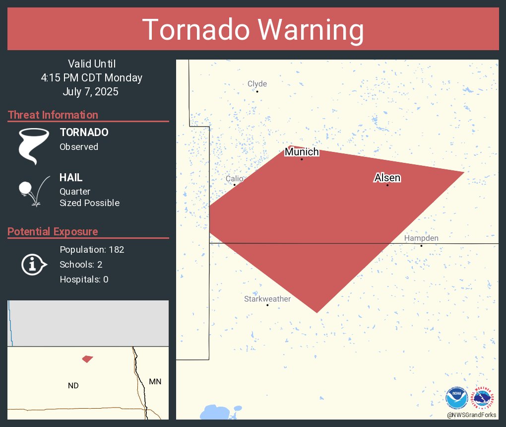 Tornado Warning including Munich ND and  Alsen ND until 4:15 PM CDT